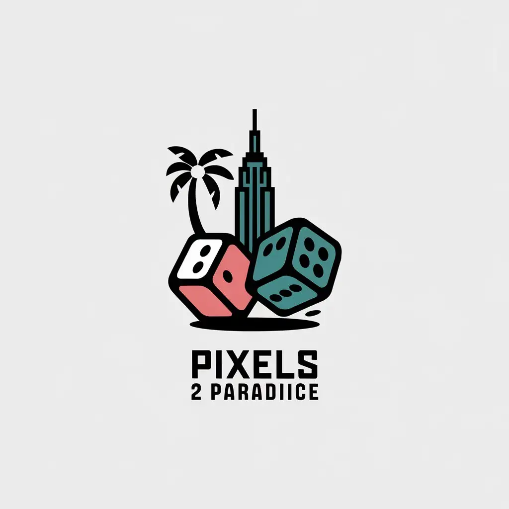 LOGO Design for Pixels 2 Paradise Minimalistic Pair of Dice Palm Tree and Empire State Building Theme