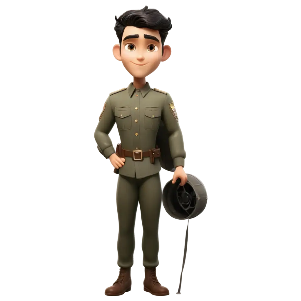 A beautiful man cartoon character with brown eyes and black army cut hair and have a army officer  clothes