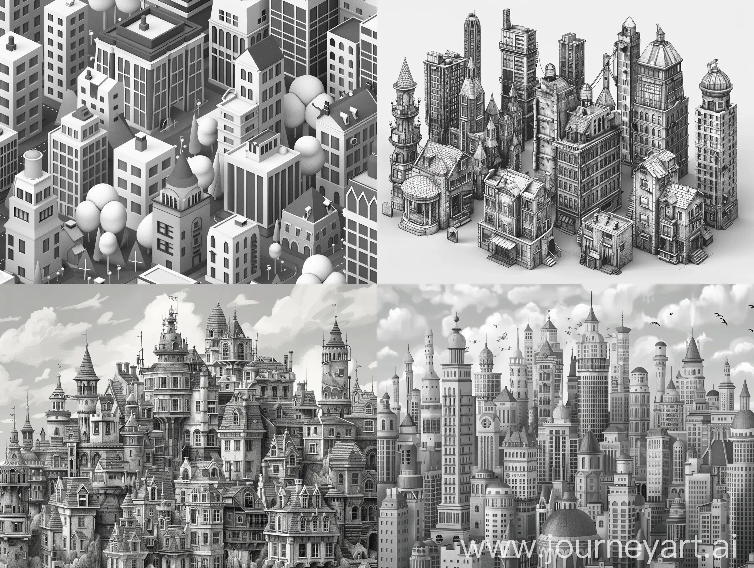 Monochrome-2D-Cityscape-with-Diverse-Buildings