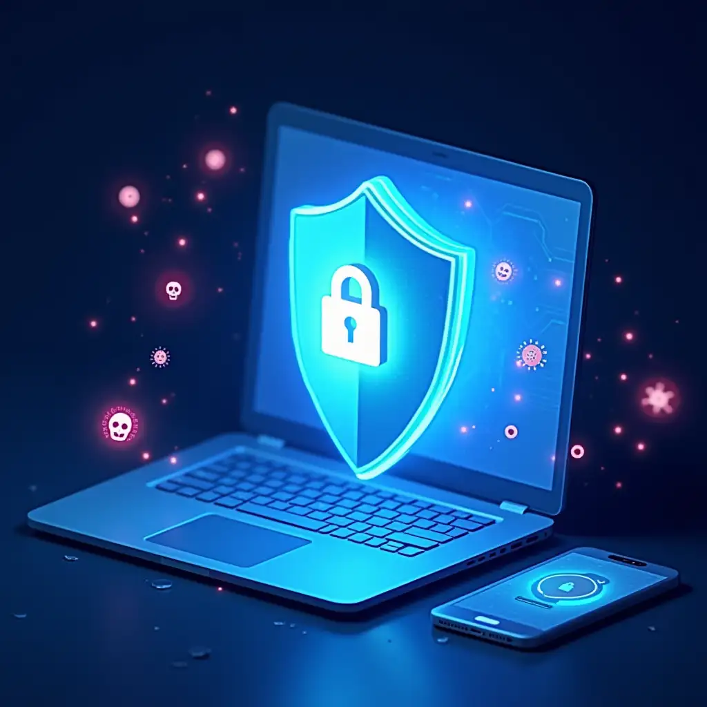 A high-quality digital illustration of a large, glowing blue shield protecting a laptop and a smartphone from incoming cyber threats. The shield emits a bright, futuristic glow, symbolizing strong digital security. Around the shield, several red warning icons representing threats (skulls, viruses, phishing emails, and malicious bug symbols) are bouncing off, unable to penetrate. The background features a subtle circuit board pattern, reinforcing the theme of cybersecurity. The overall style is modern, clean, and visually striking, with a professional yet accessible look. The image is sharp and well-defined, with no blurry elements, ensuring a polished and high-resolution finish.