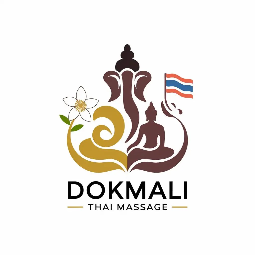 LOGO Design for Dokmali Thai Massage Golden and Brown Jasmin Ganesha and Buddha Theme with Thailand Flag