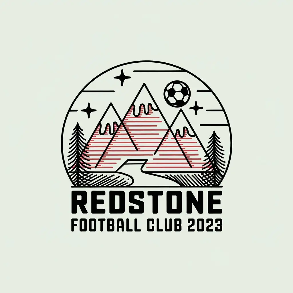 a vector logo design,with the text "REDSTONE FOOTBALL CLUB 2023", main symbol:3 red line mountains, covered by white snow on top, 1 black and white soccer flies over, 3 stars in the sky, 1 river, the whole pattern surrounded by a circle, simple sketch style,Moderate,clear background