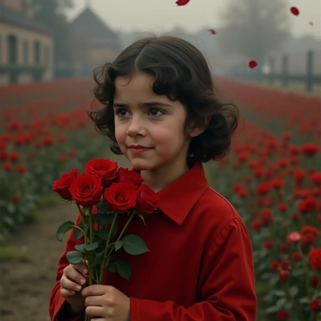 The little Iranian girl in red in the movie Schindler's List, holding a bouquet of red roses and having the petals blown away by the wind. And he has a regretful look.