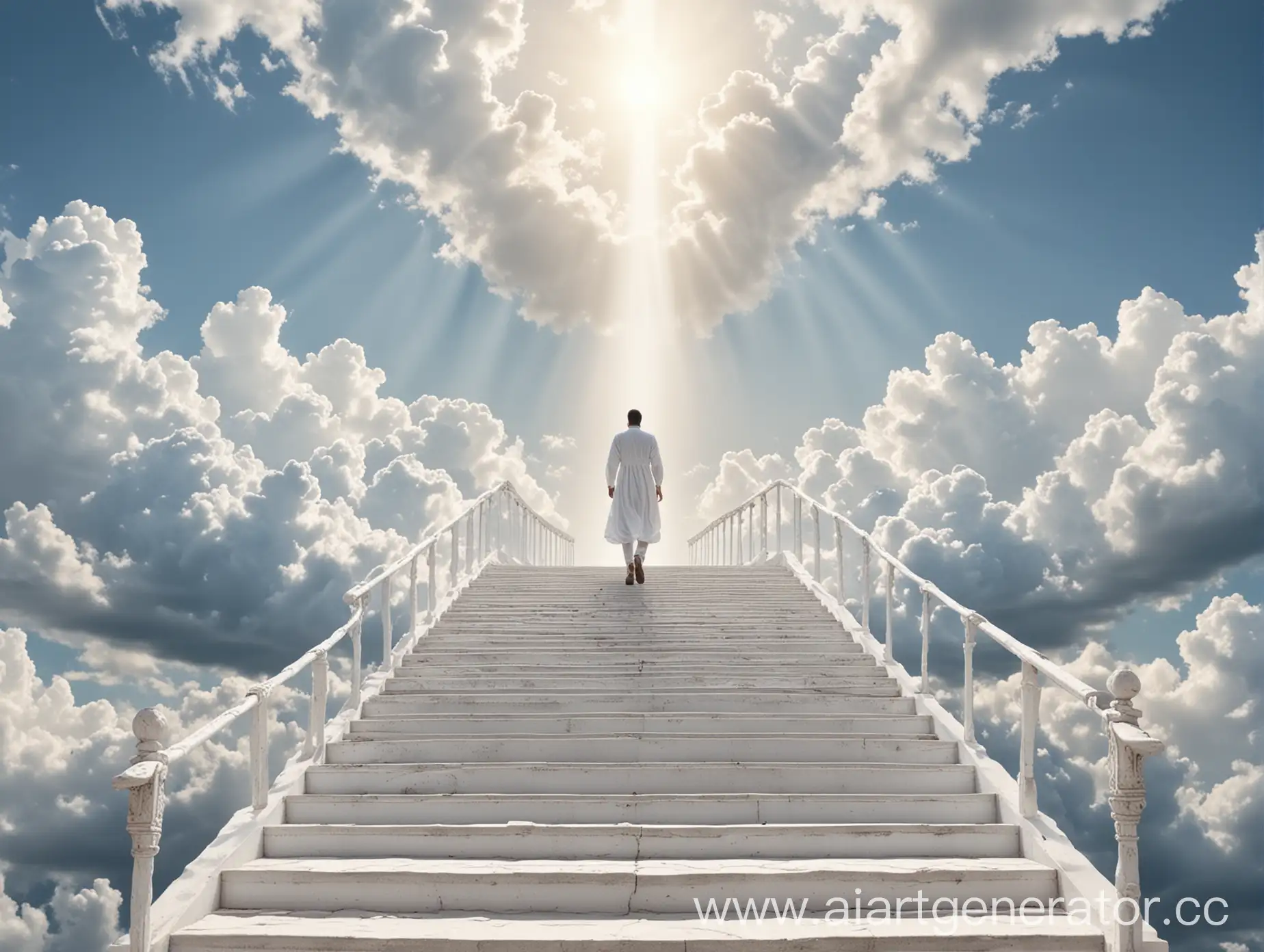 Man-in-White-Dress-Ascending-Heavenly-Staircase-Against-Sky