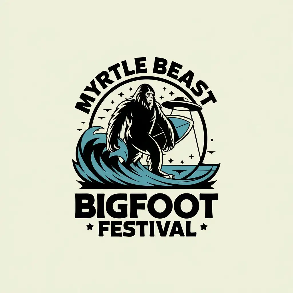 LOGO Design for Myrtle Beast Bigfoot Festival Bigfoot Surfboard UFO Ocean Beach Theme