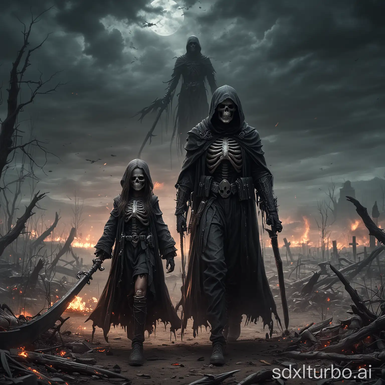 Grim Reaper and a little girl, background is battlefield