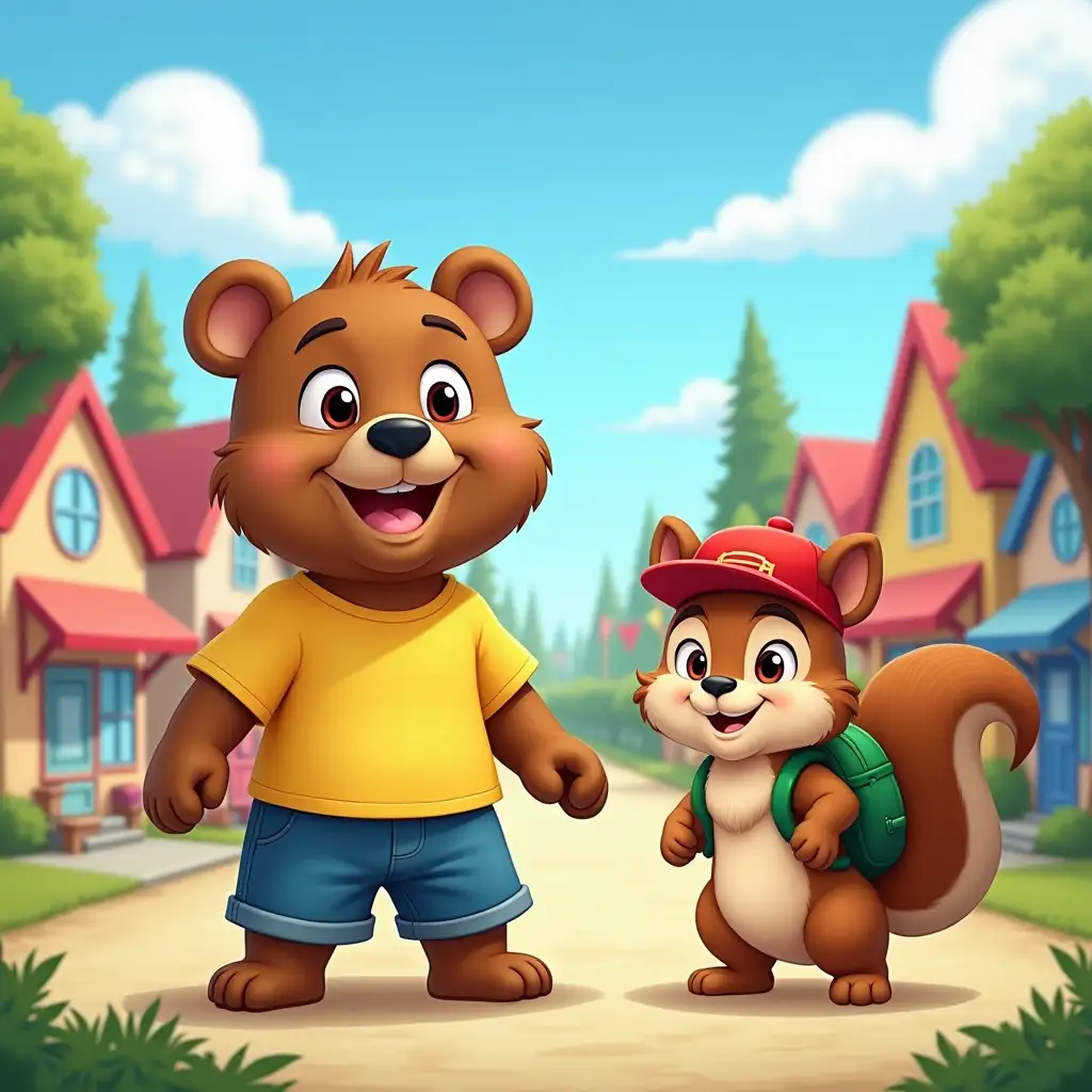 - Setting: A colorful town called Cheesville with buildings, trees, and a sunny sky. The background should feature a bright blue sky with fluffy white clouds.n- Characters: n    - Benny the Bear: A friendly-looking bear with a big smile. He should be wearing a yellow t-shirt and blue shorts. Benny should have a curious expression, with his ears perked up.n    - Sammy the Squirrel: A quick-witted squirrel with a mischievous grin. He should be wearing a red hat and a green backpack. Sammy should have a playful expression, with his tail twitching.