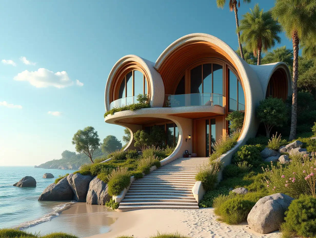 AI crooked house with a side line to the beach  Planting-with wood Stuck in the form of plant decoration, large windows with glass closed, curved, smooth window shapes, winding big entrance stairs made of marble complex, curved roof with dike, lanterns, beach with a woman sitting on the beach with, view of the sea 4K resolution colorful superWide-angle shots