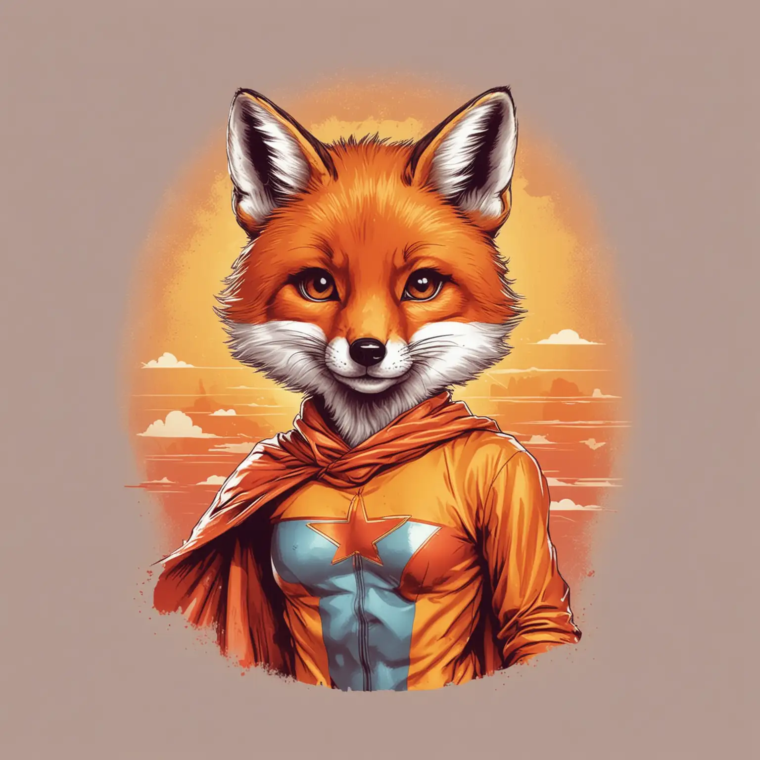 A beautiful and cute fox in a vintage sunset superhero costume in the style pop art white background for print on T-shirt