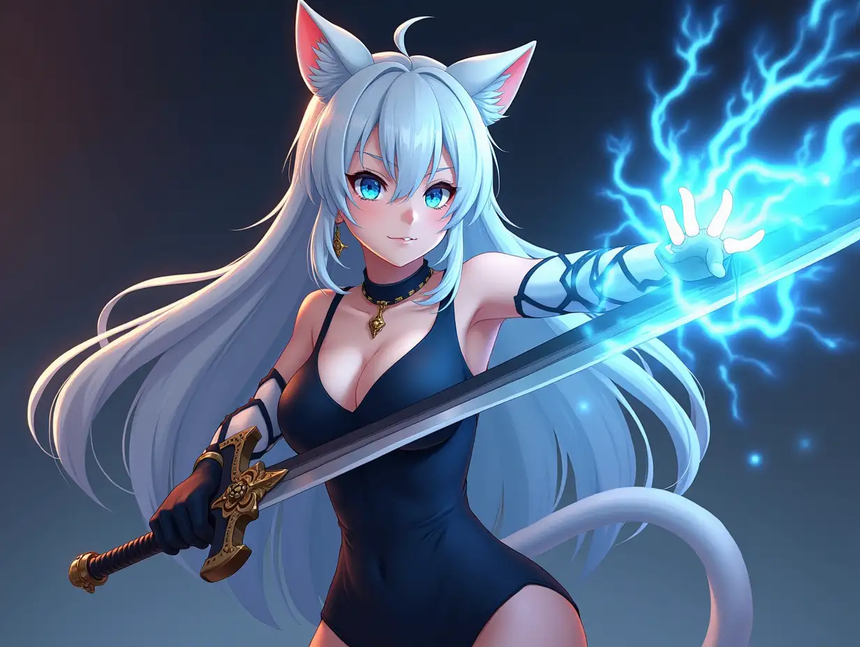 Anime mature adult woman with an hourglass body who looks like she is in her 30's with big breast, blue eyes, black and gold earrings, a choker around her neck, long white hair and white cat ears on her head. She is a demon hunter, slicing through demons with her sword as her right arm becomes a demonic arm glows blue lightning and fire appears burning and killing the demons that are chasing her.