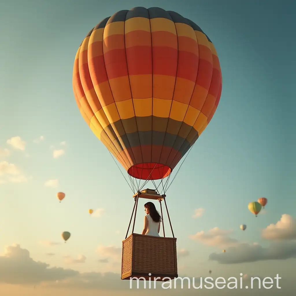 Brunette Woman Riding Hot Air Balloon in Sky