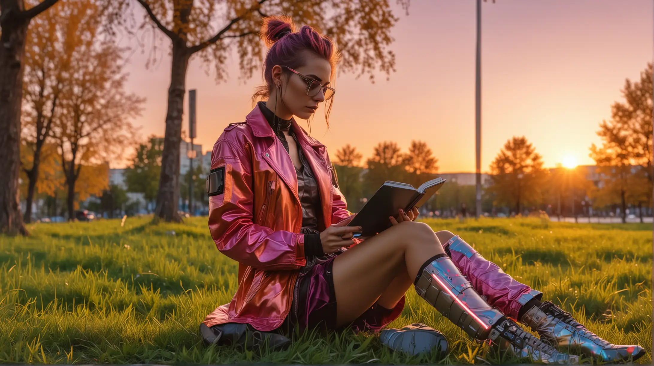 Modern Woman in Colorful Cyberpunk Suit Reading in Sunset Park