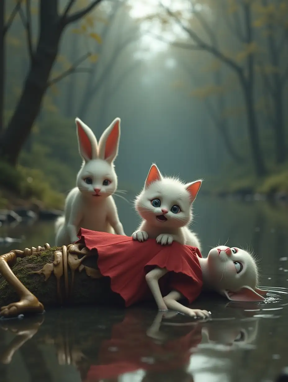 A 3D realistic animation style depiction of kitten Matt, the small white kitten, clinging to Sally’s skeletal remains lying partially submerged in the shallow water of the river. Matt’s tiny paws grip the red dress that still clings to her fragile frame, and his face is buried in her chest, tears streaming down his fur. His body trembles as he lets out heart-wrenching cries. Michael, the tall white rabbit, stands a few steps back, his expression full of sadness and helplessness. The forest around them is silent, the muted colors of the scene amplifying the grief. The river flows softly in the background, reflecting the gray, overcast sky above. Kitten and rabbit are crying