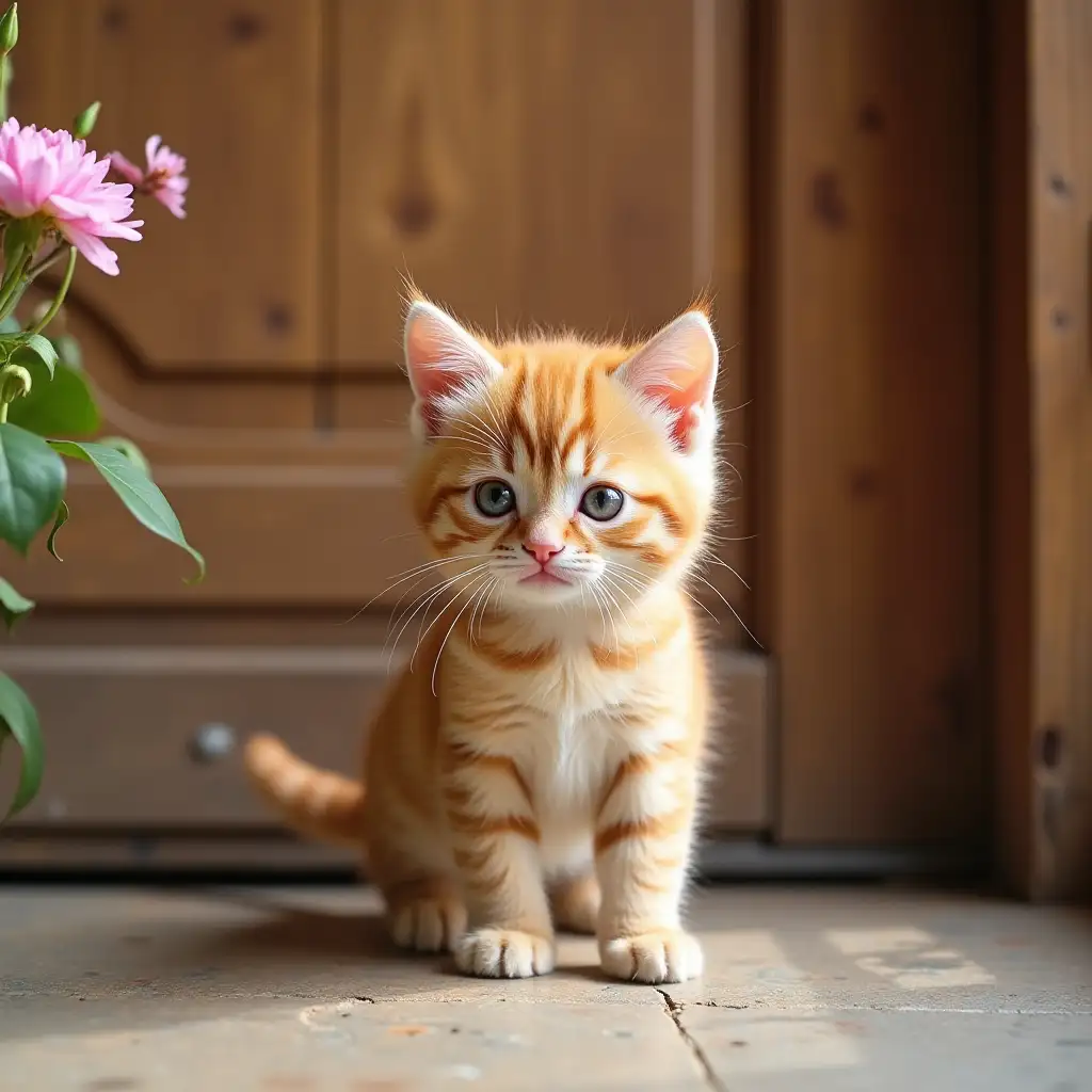 cute red real kitten with flowers stands at the door