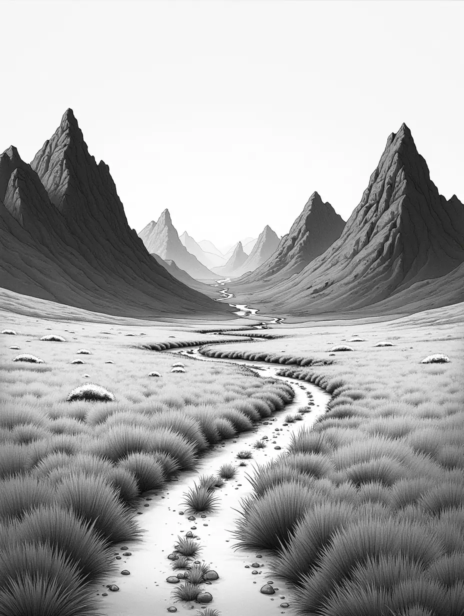 Create an illustration of a landscape in the style of Berserk drawing, in black and white. The scene should depict vast grassy plains, with a winding dirt road extending through the scenery. In the background, include majestic mountains with imposing peaks and a river snaking among them. The atmosphere should be dark and epic, capturing the essence of Berserk's style, with rich details and striking contrasts that convey a sense of mystery and adventure.