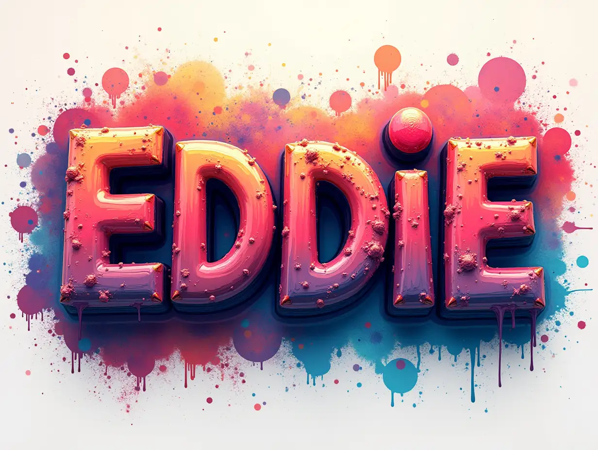 Create a 3D art text EDDIE with splatters color background.