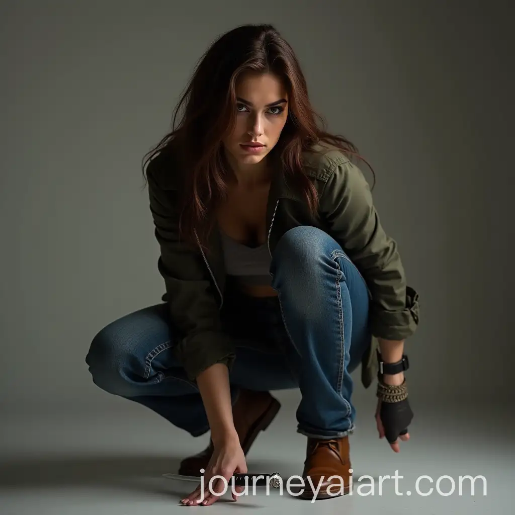 Determined-Brunette-Woman-Crouching-with-Dagger