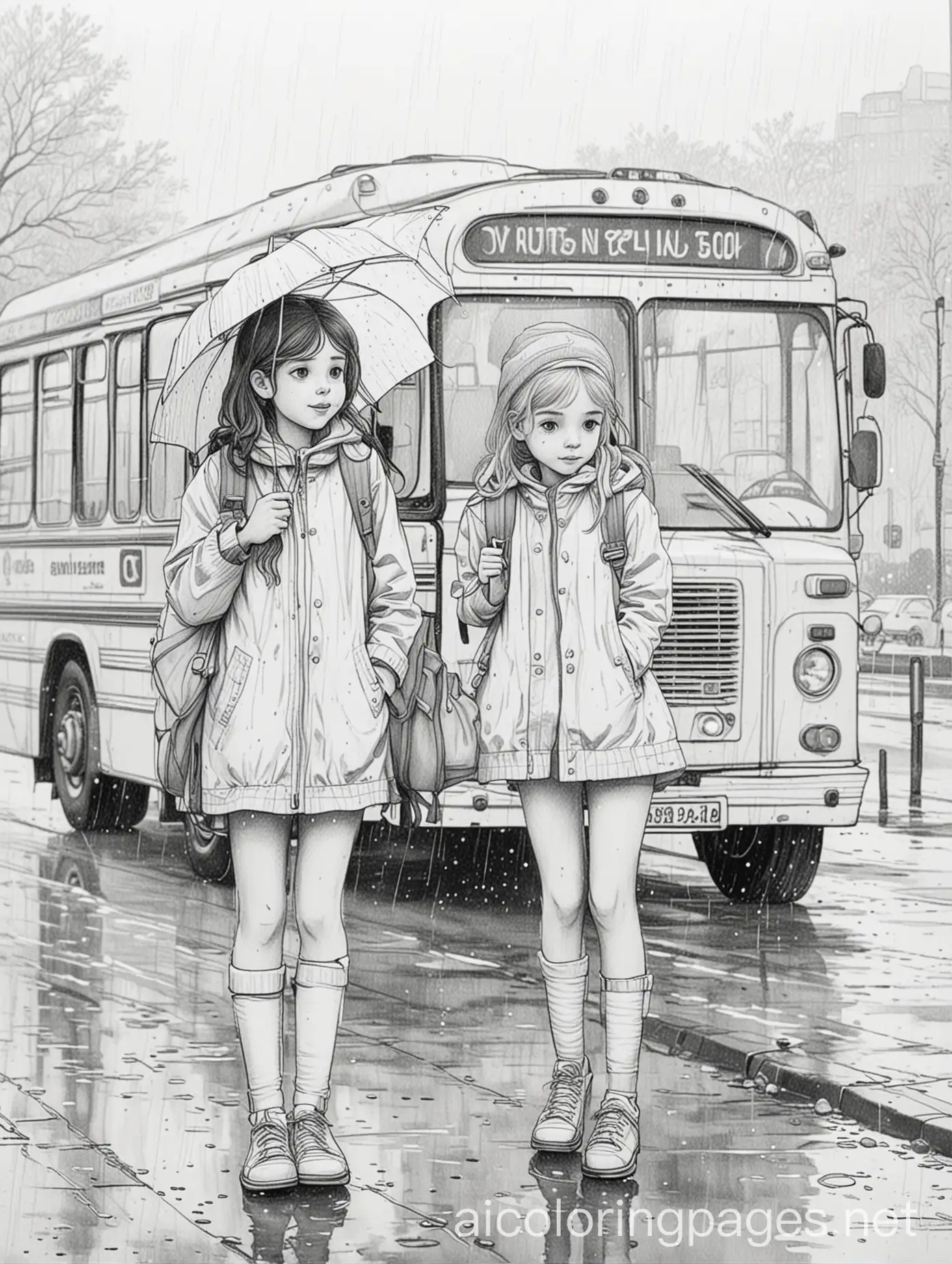 Two-Girls-Waiting-for-a-Bus-in-Heavy-Rain-Coloring-Page