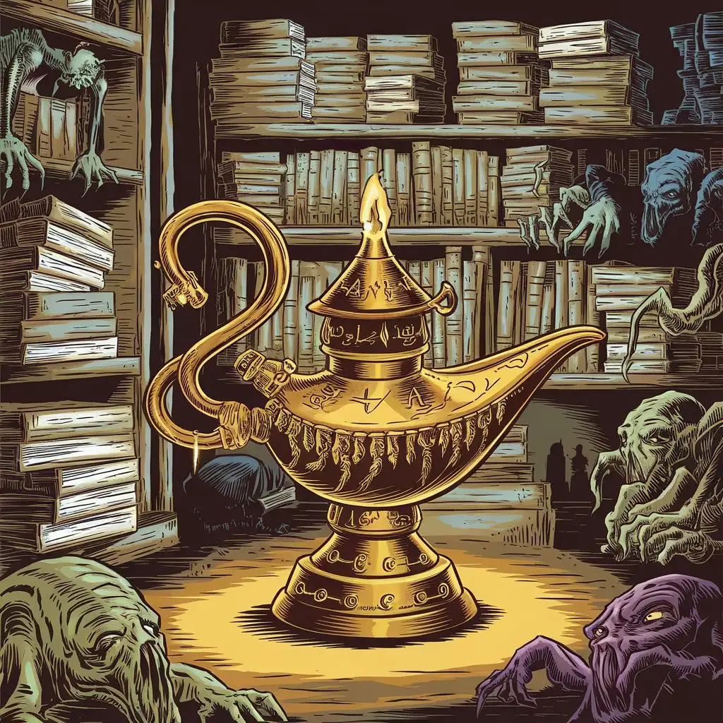 Lovecraft -Horror. In the foreground is a golden djinn lamp in the form of a wonderlamp from thousand and one night, adorned with magical symbols from the arabic culture circle illuminated with a flame, coming out of the front opening opposite the handle, filling a room with very old, partly rotten books on shelves and piles of books, monsters are swarming around in lovecraft-style, trashy, pulp, underground comic style, provocative, dirty, filthy, disgusting, slimy, greasy, shameless