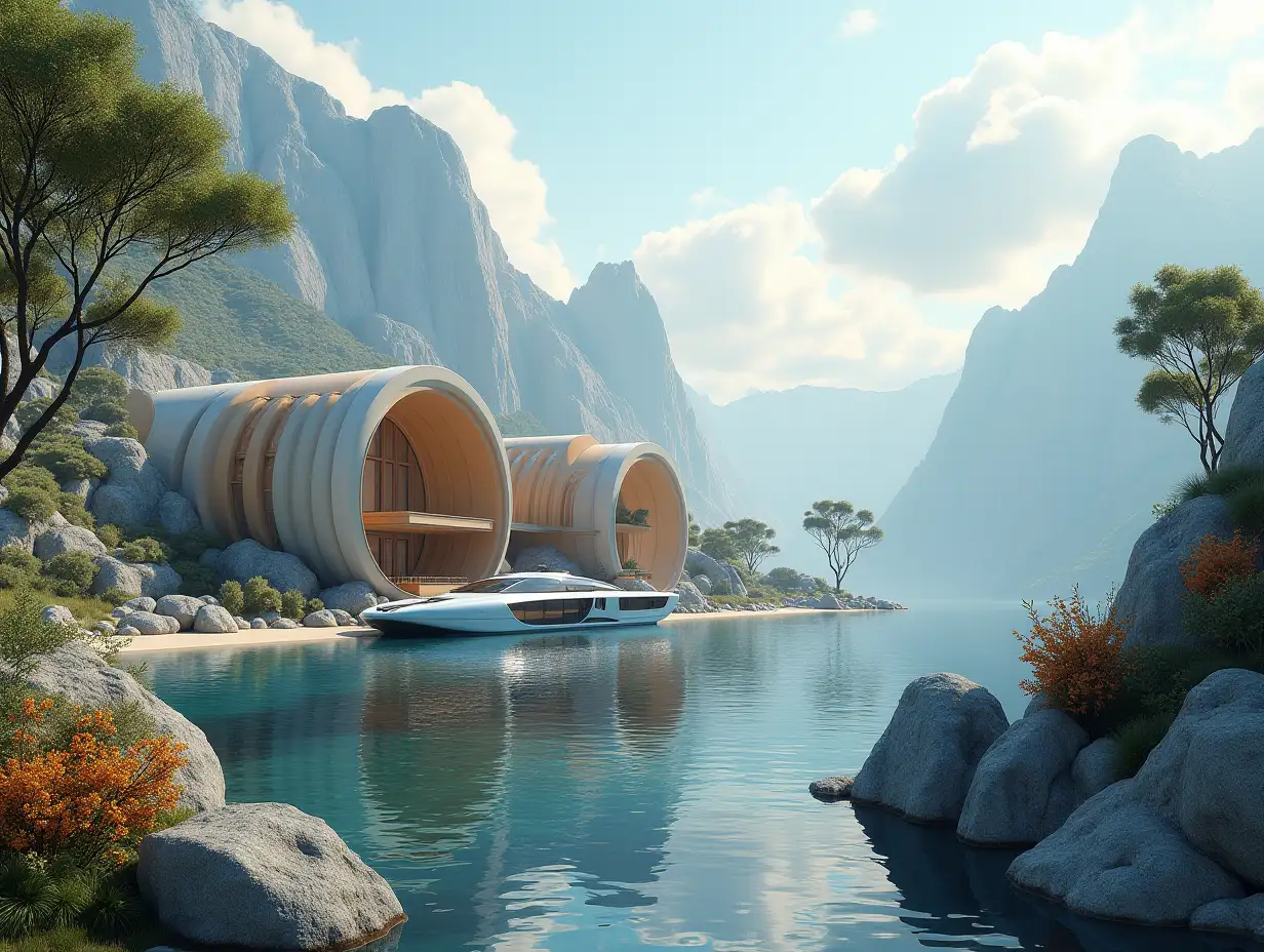 Create a high-resolution realistic image in 4k resolution of a futureistic brown building with white façade and curved pillars, mountains with large trees, rocks flowers, a futuristic big boat with glass window and cloudy sky