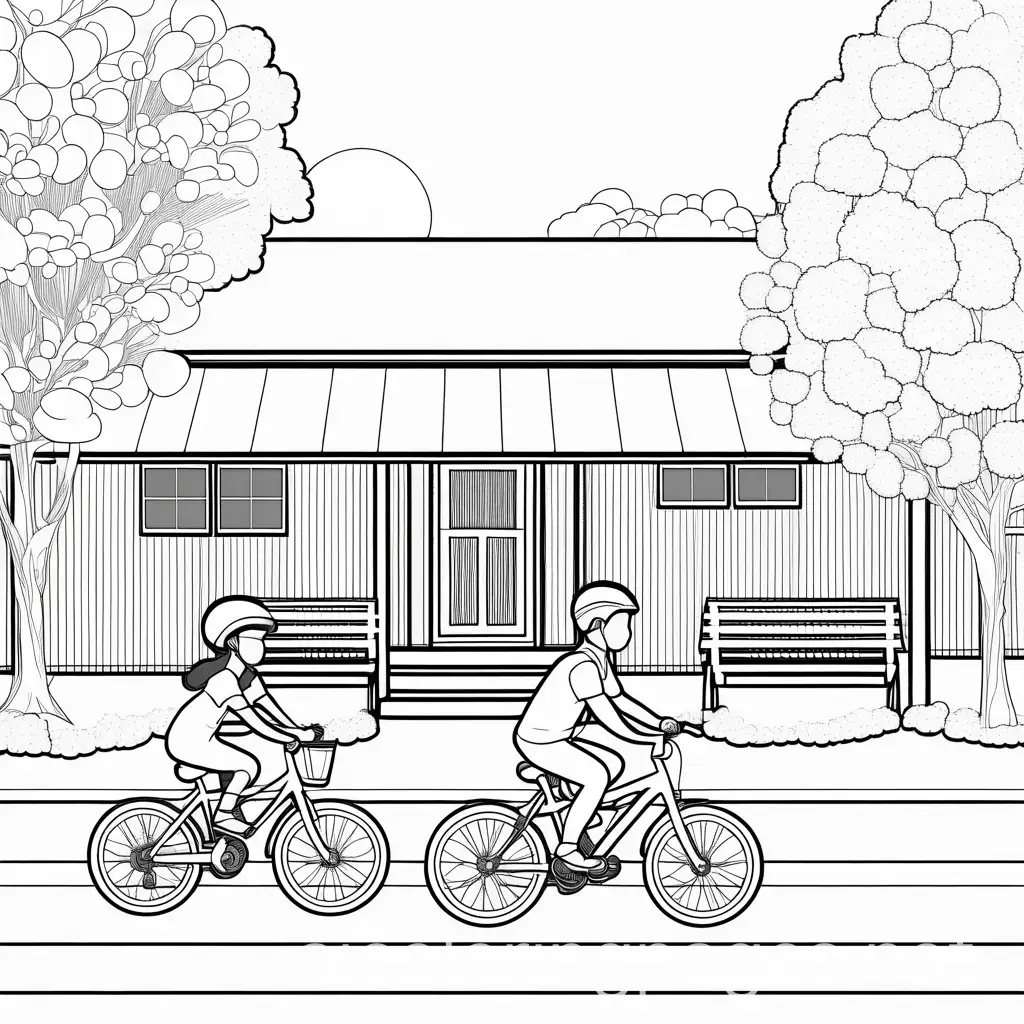 Children-Riding-Bikes-Past-Community-Centre-Coloring-Page