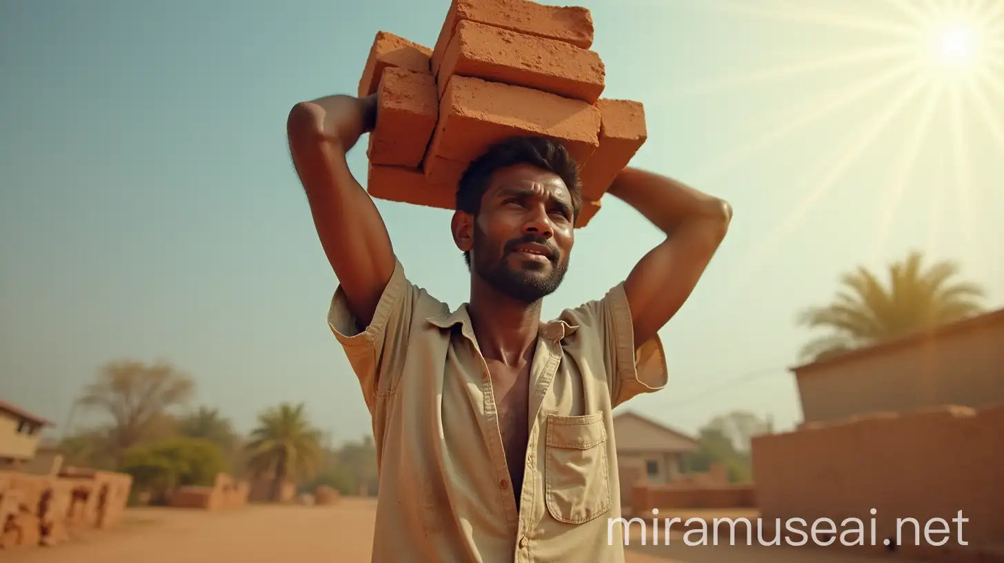 Indian Laborer Carrying Bricks Under the Sun