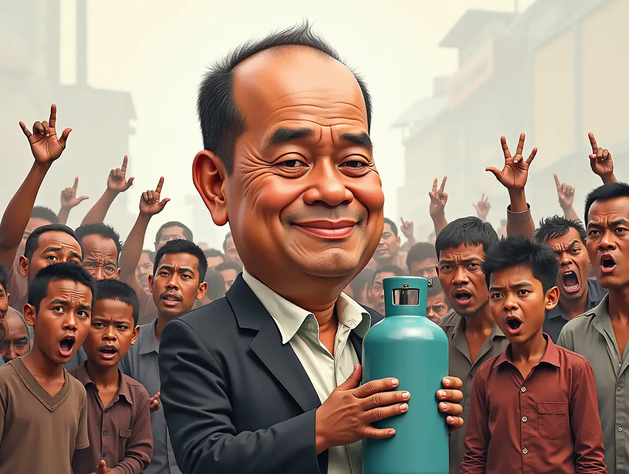 Create a caricature of a 40-year-old Indonesian man with a round face, short hair, and serious expression. He is wearing a formal suit jacket, standing upright while holding a gas cylinder in his hand. Surrounding him are a group of poor people with tattered clothes, some pointing towards him with expressions of anger, disappointment, or pleading. The background can be depicted as a simple urban environment or densely populated area. The caricature must have a strong satirical tone, emphasizing the contrast between the man and the poor people, and clearly conveying a social message.