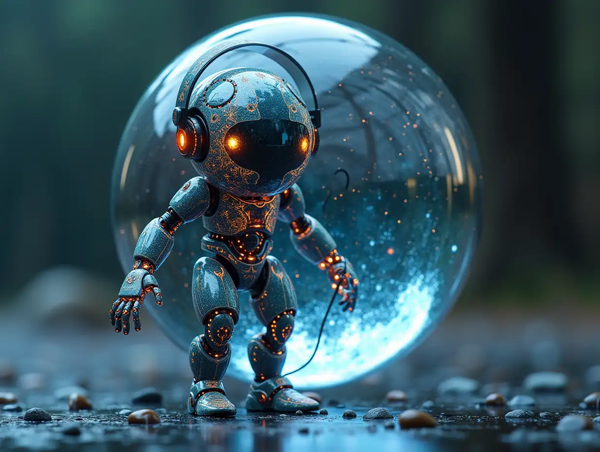 Create a high-resolution, realistic image of artificial intelligence (humanoid mixed Fractals colored, two meters with a large glass ball in hand, headphones, arms and legs on the ground in 4k resolution