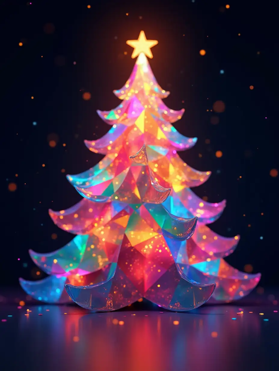 An abstract, colorful mosaic of geometric patterns with a vibrant display of rainbow hues and gradients as Christmas Tree shape, bright, glowing, sparkle, uhd, 128k