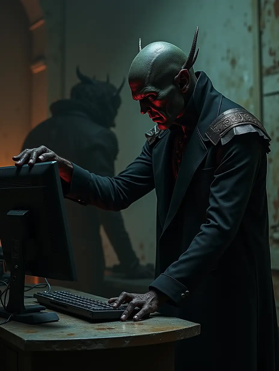 a demon man in ling black suit standing behind a computer operator putting his hand on the operators shoulder, fantasy style art