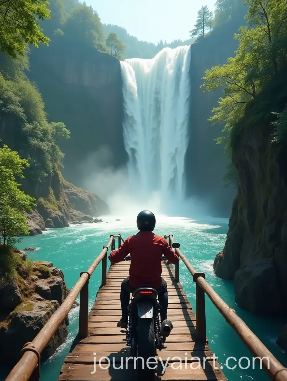 AI-Art-Prompt-ExpansionMotorcycle-Ride-on-Wooden-Bridge-Above-Cliff-with-Waterfall-View