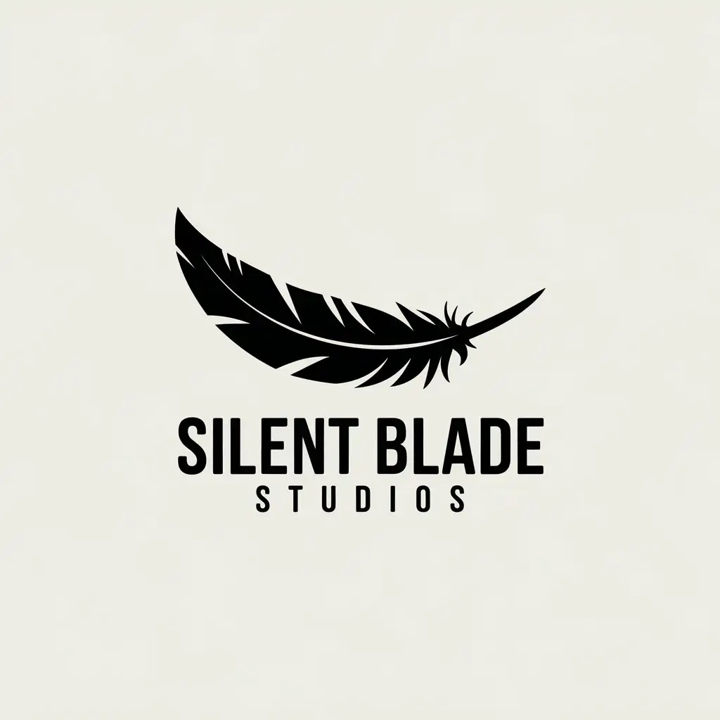 a vector logo design,with the text "SILENT BLADE STUDIOS", main symbol:sharpened feather with small cuts, curved horizontally to the right, no barbs,Minimalistic,clear background