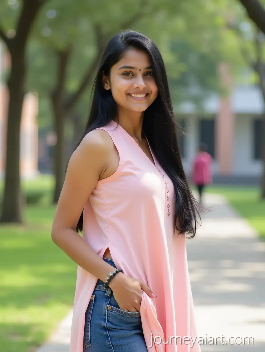 Young-Indian-College-Girl-in-Pastel-Pink-KurtiIndian-college-girl-portrait-with-Denim-Jeans-in-Campus-Setting