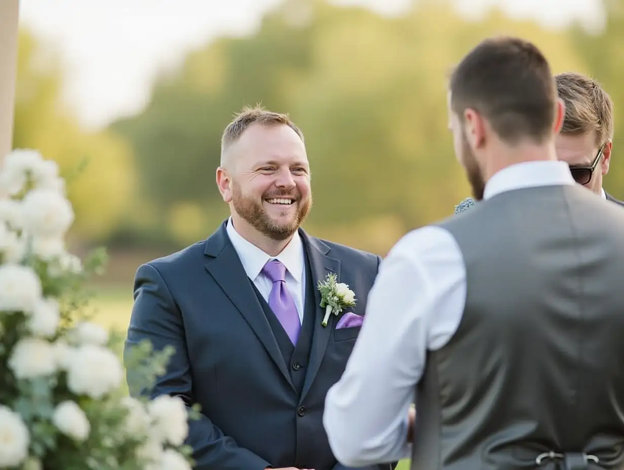 Joyful groom laughing at outdoor wedding ceremony