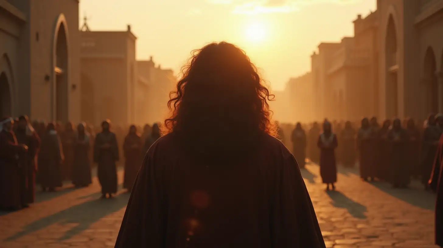 Silhouette of a Man with Full Head of Hair in Biblical Town Square