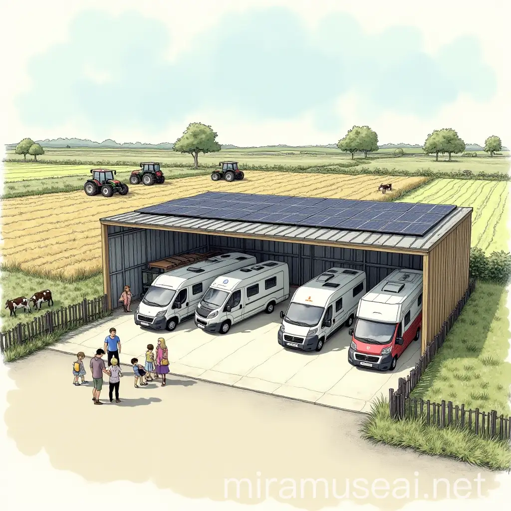 French Agricultural Shed with Caravans and Tractors