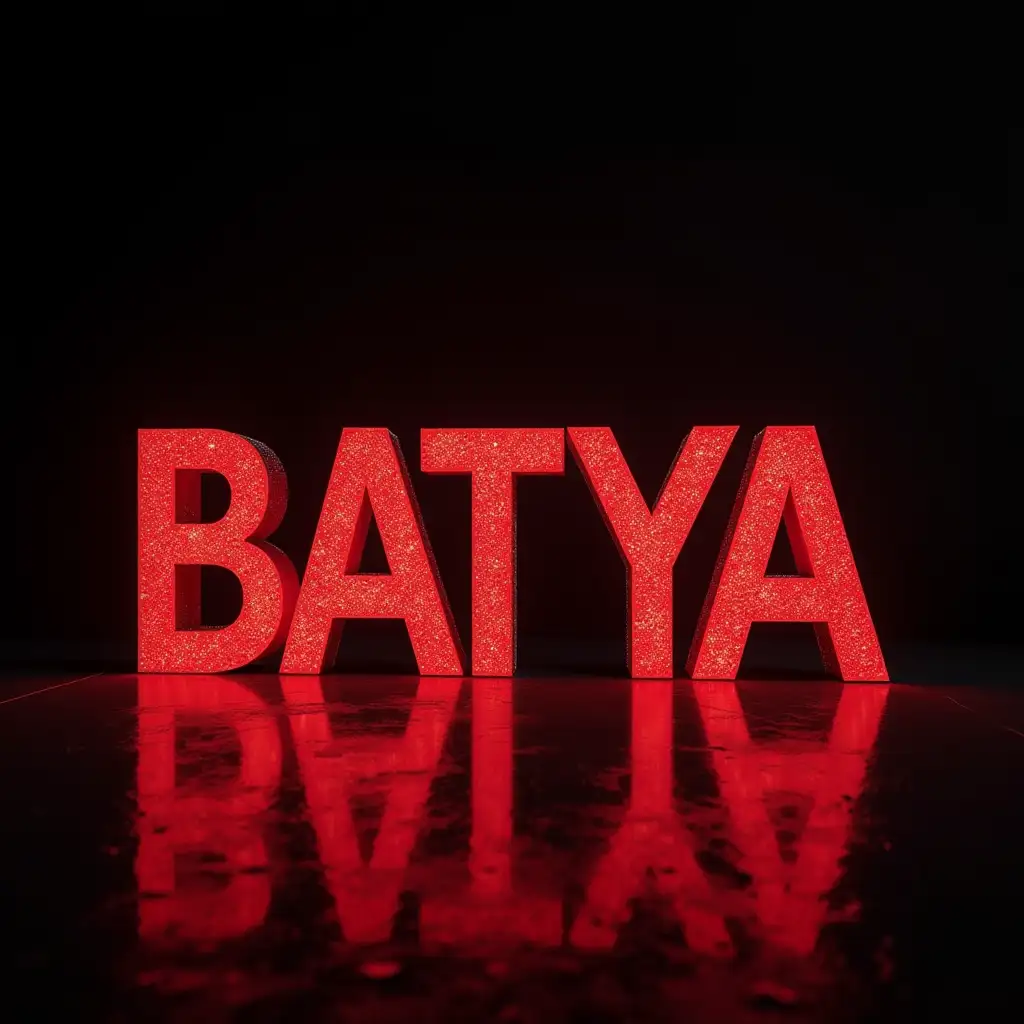 art-object of large volumetric letters 'BATYA', standing on a mirror surface. Letters are sprinkled with sparkles, glitter and emit neon light, red color. Mirror surface is a black cosmic depth with reflections of fire, reflects letters and light that they emit. High detail