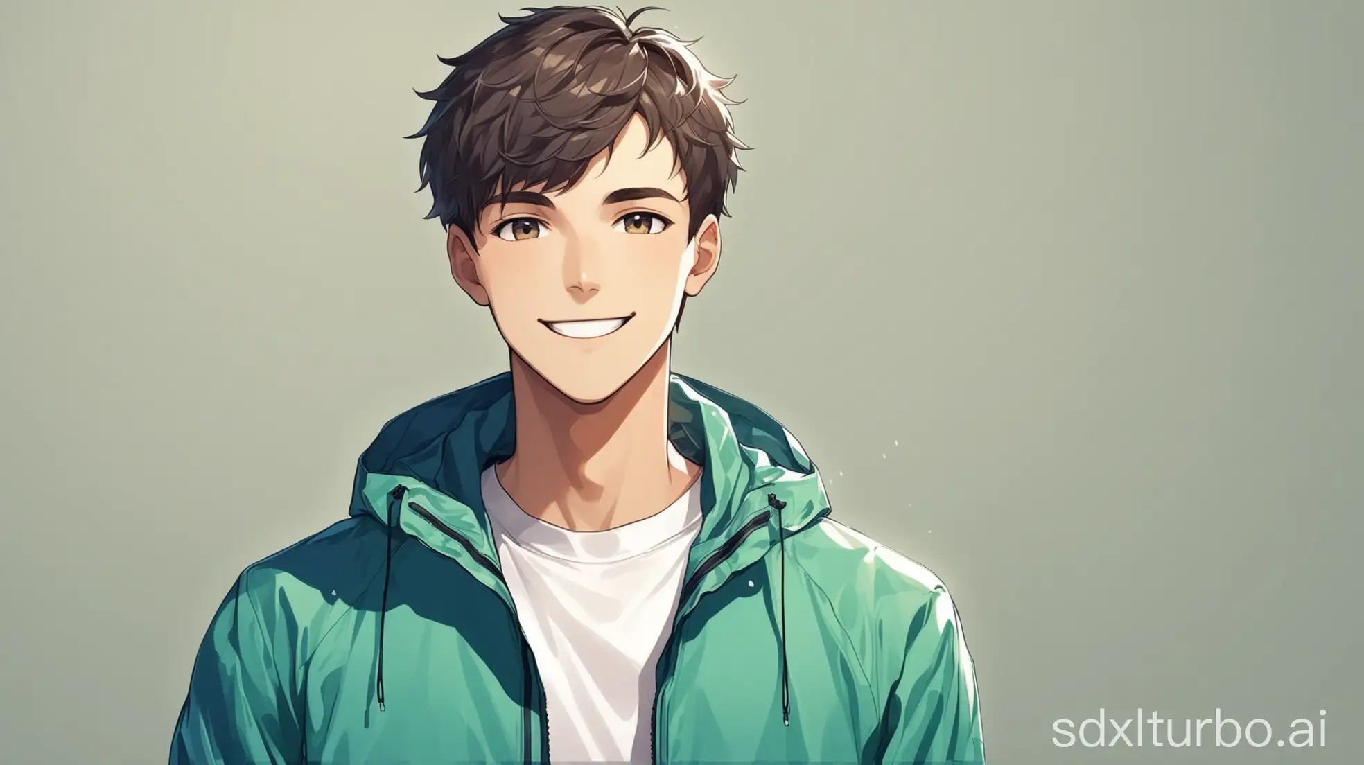 generate a handsome boy with short hair wearing a windbreaker, smiling and looking somewhat sturdy