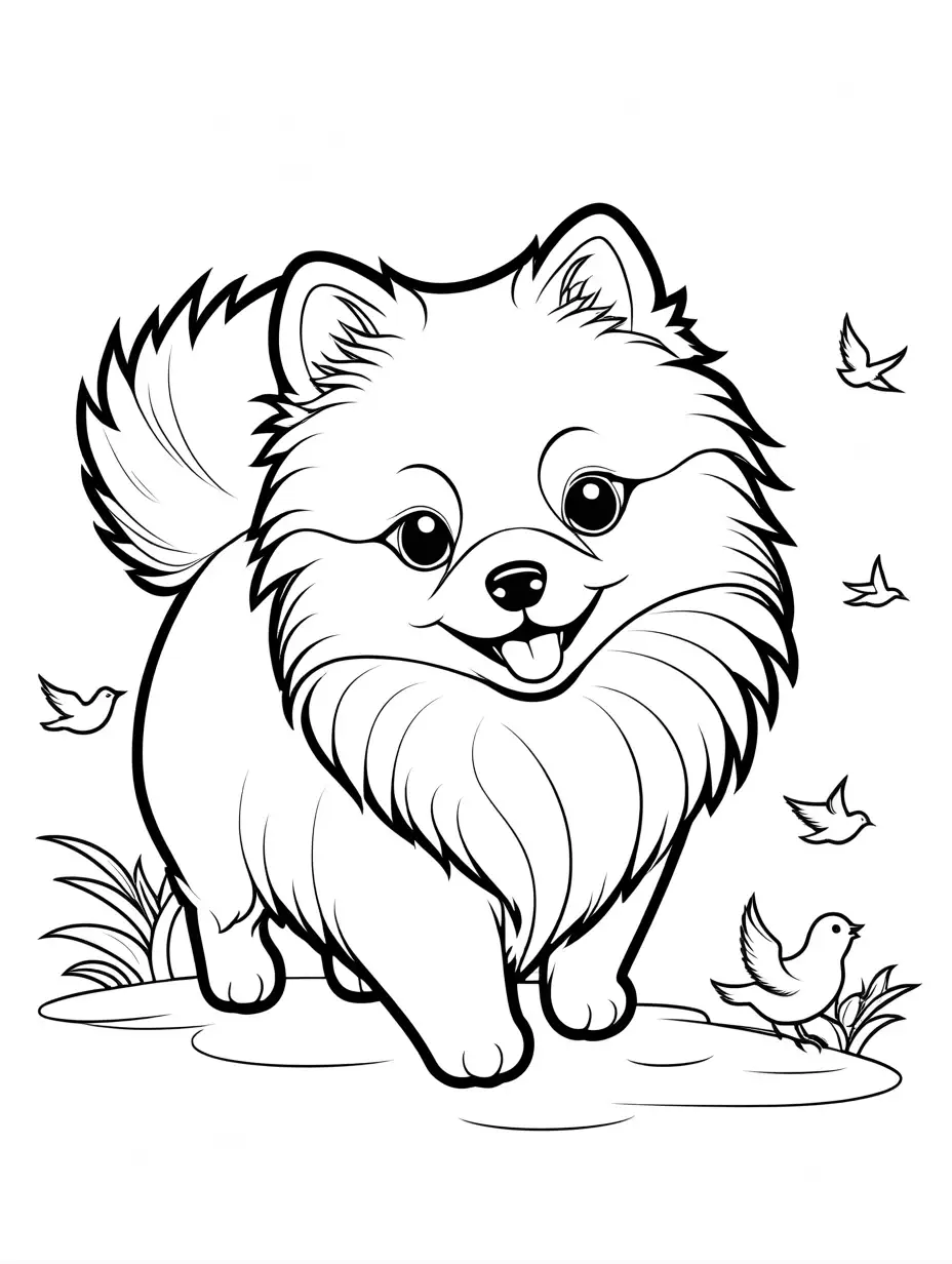 Pomeranian-Puppy-Playfully-Chasing-a-Dove-in-a-Simple-Coloring-Page