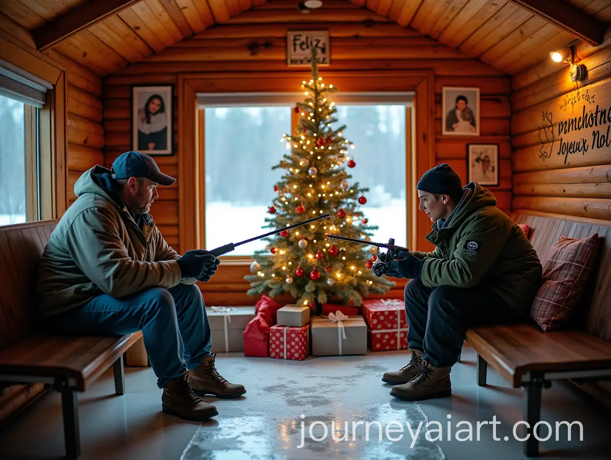 Festive-Ice-Fishing-in-a-Wooden-Hut-with-Christmas-Decorations