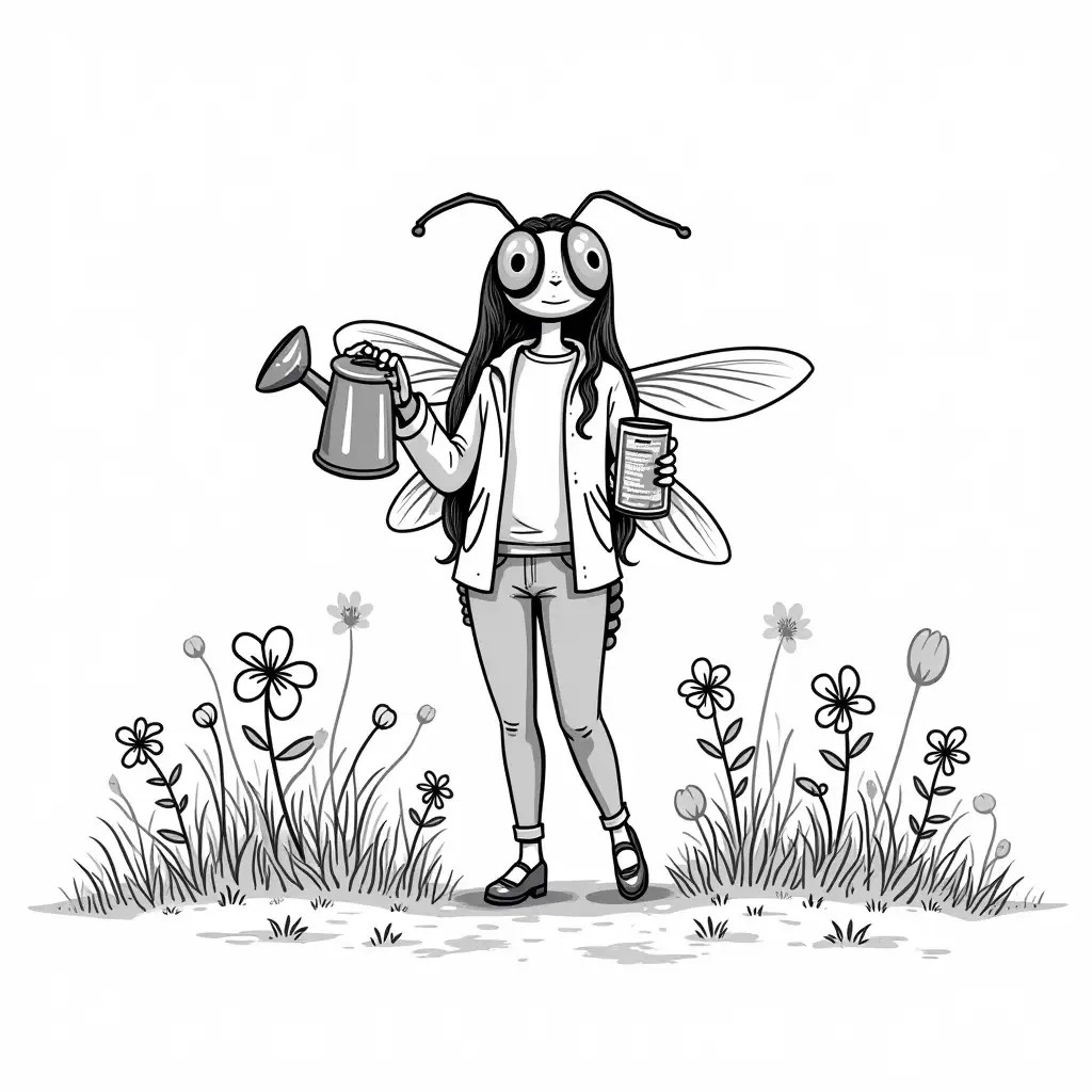 Wasp-Person-in-Garden-with-Watering-Can-and-Energy-Drink-Black-and-White-HandDrawn-Style