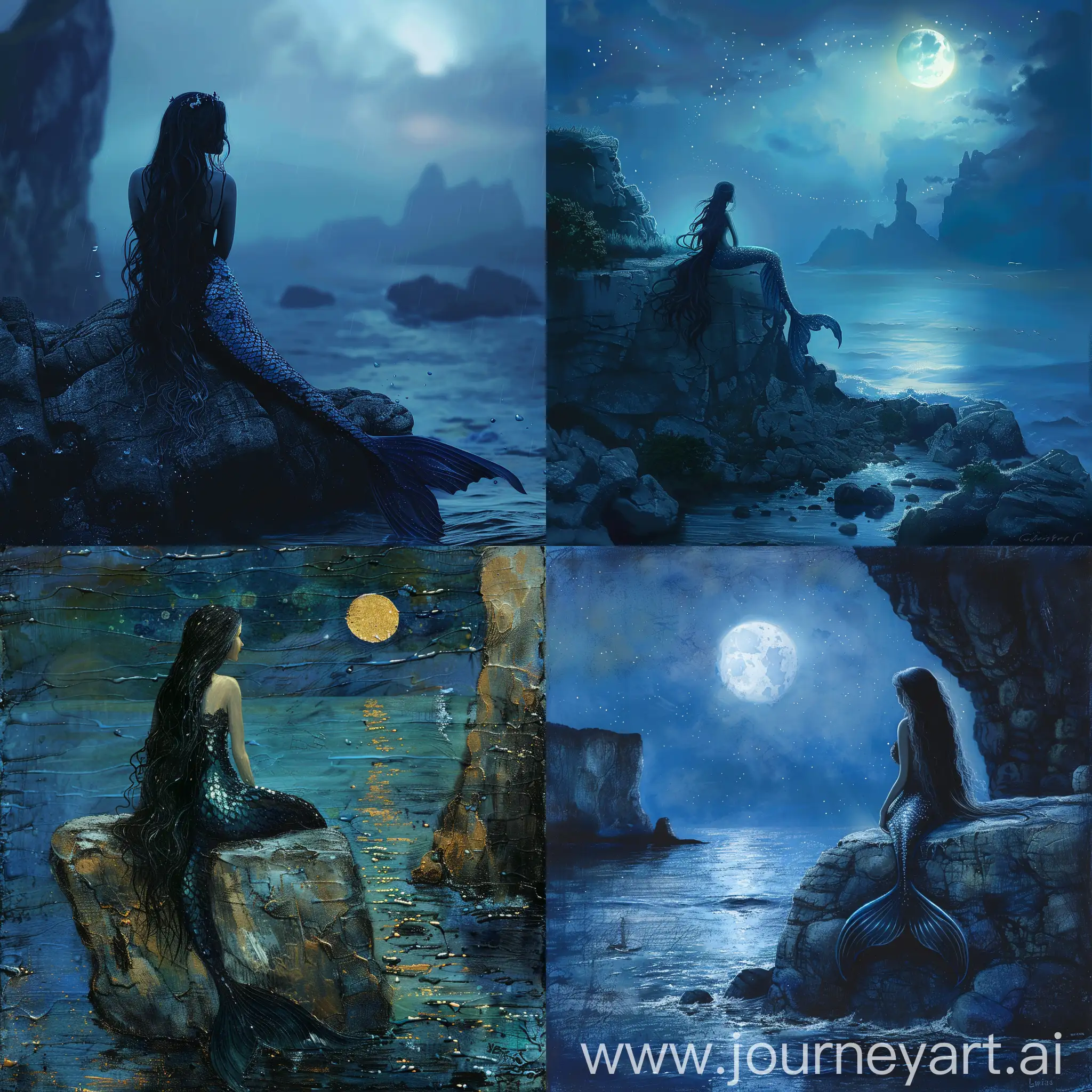 Midnight-Mermaid-Sitting-on-Cliff-Rock-with-Long-Black-Hair