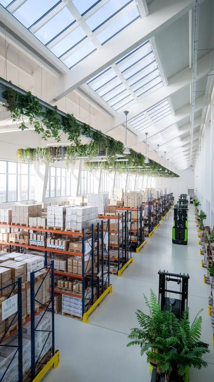 Stunning wide-angle interior shot of a modern, eco-friendly warehouse. Natural light floods through large windows and skylights. Pallet racks are neatly organized, holding various sustainable product boxes. Green plants are integrated into the warehouse design, hanging from the ceiling and placed along walkways. Forklifts are electric and silent. The overall atmosphere is bright, clean, and airy. --ar 16:9 --v 5 --style raw