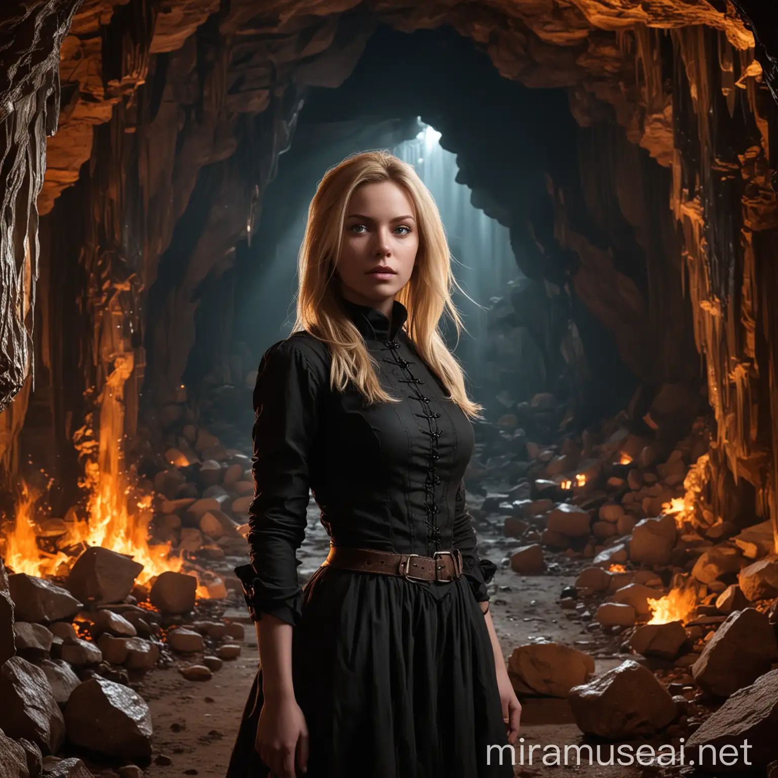 Young Woman Witch Hunter in Victorian Black Clothing Amid Orange Crystal Caverns