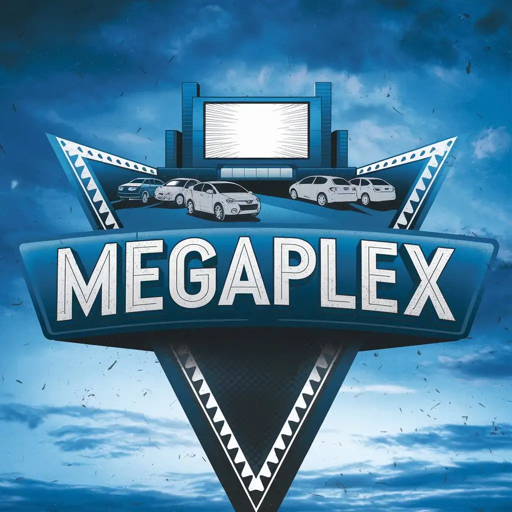 LOGO Design for Megaplex White Text with DriveIn Movies Theme on Transparent Background