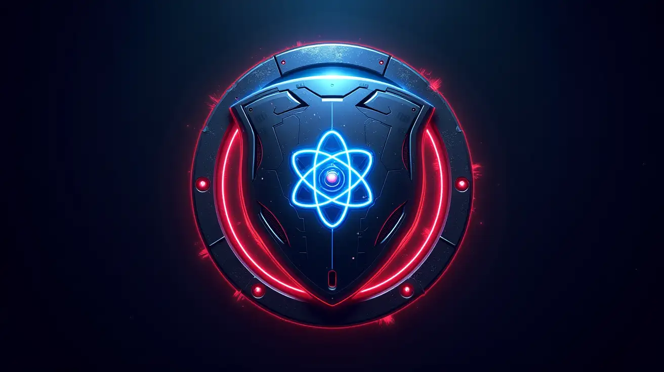 A futuristic logo design featuring a high-tech shield with sleek metallic surfaces and intricate glowing atomic symbols at its center, surrounded by a circular neon ring, vibrant neon accents, glowing electron orbits and particles integrated into the shield and ring design, subtle tech circuitry patterns engraved in the metal, vivid blue and red neon color palette, dark sci-fi atmosphere, highly detailed, digital illustration