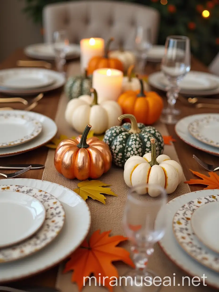 Cozy Rustic Friendsgiving Table Decorated with Pumpkins and Candles