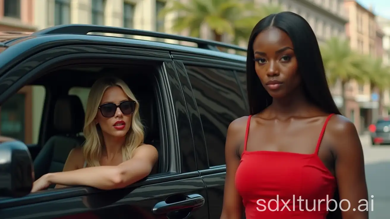 UHD,AMBIENT OCCLUSION,CINEMATIC, volumetric scene featuring a striking blonde woman wearing sunglasses, sitting inside a BLACK sleek SUV. She appears to be intently observing a beautiful Black woman with stunning eyelashes and bold lipstick,long straight black hair to her shoulders,dressed in a vibrant red dress that covers her breasts,a straight cut with straps across the shoulders covered by her hair as she confidently walks along the road. Capture the tension of the moment, focusing on the contrasting styles and expressions of both women, set against a vivid urban backdrop. Emphasize the details, such as the sunlight reflecting off the SUV and the graceful movement of the woman in red.