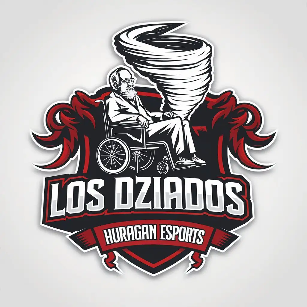 LOGO Design for Los Dziados Esports Team with Grandfather Wheelchair and Tornado Theme in Red and Black with Border