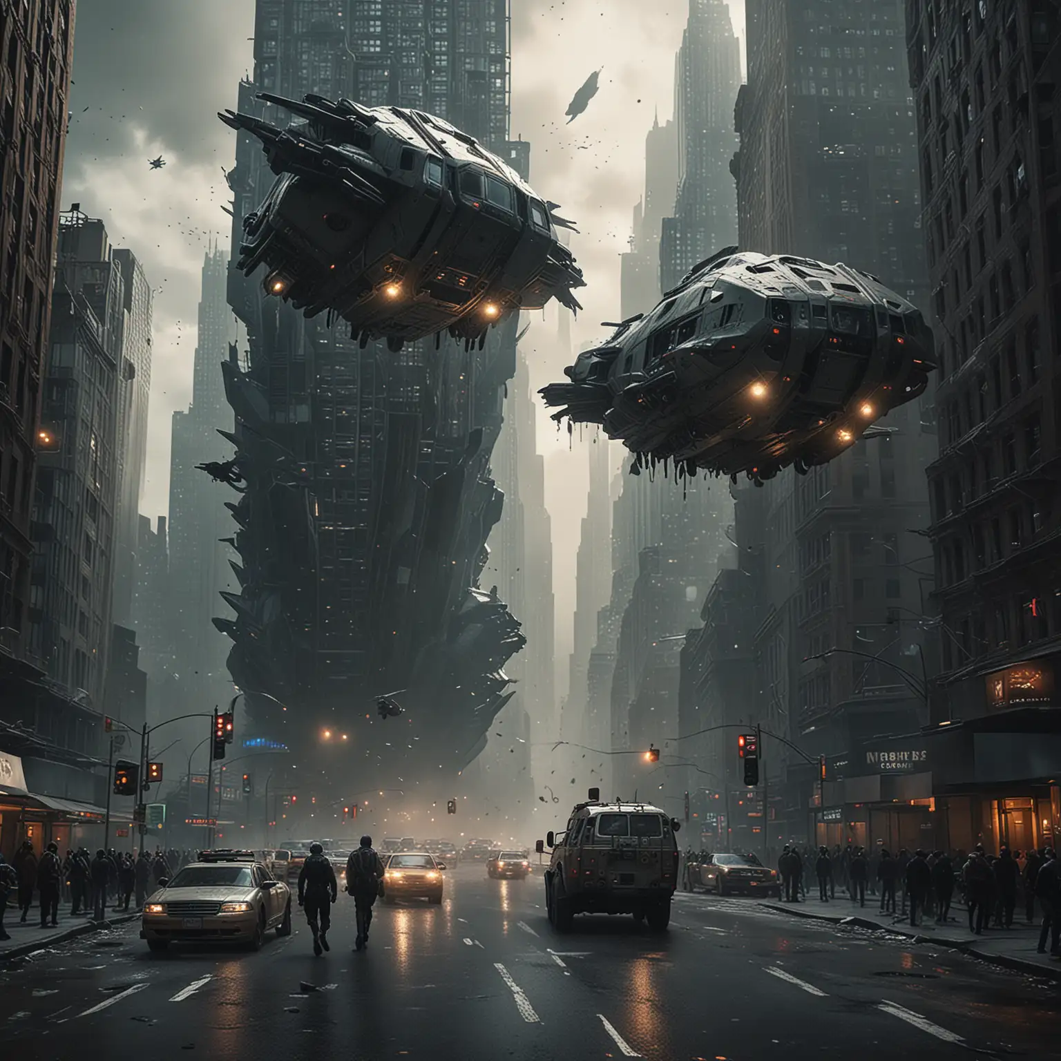 Futuristic-Alien-Dropships-Hovering-Over-New-York-City-During-Chaos